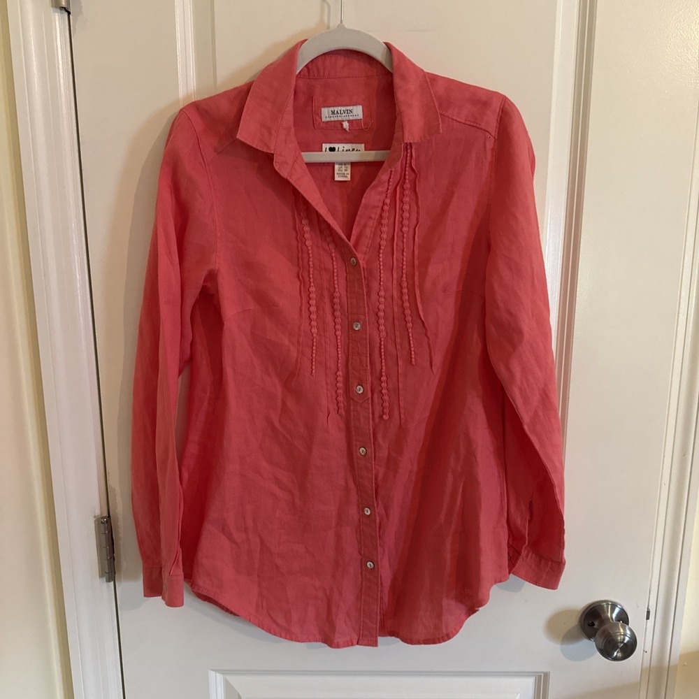Malvin Hamburg Germany Shirt M US 6 Coral Pintuck Pleated Button Coastal Linen